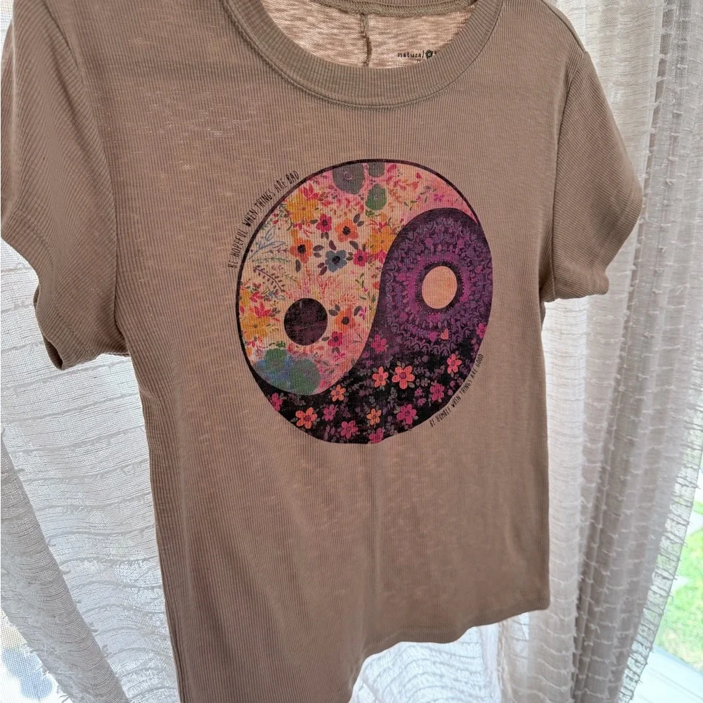 NATURAL LIFE Taupe Short Sleeve Tee with Floral Yin Yang Graphic - Picture 7 of 9